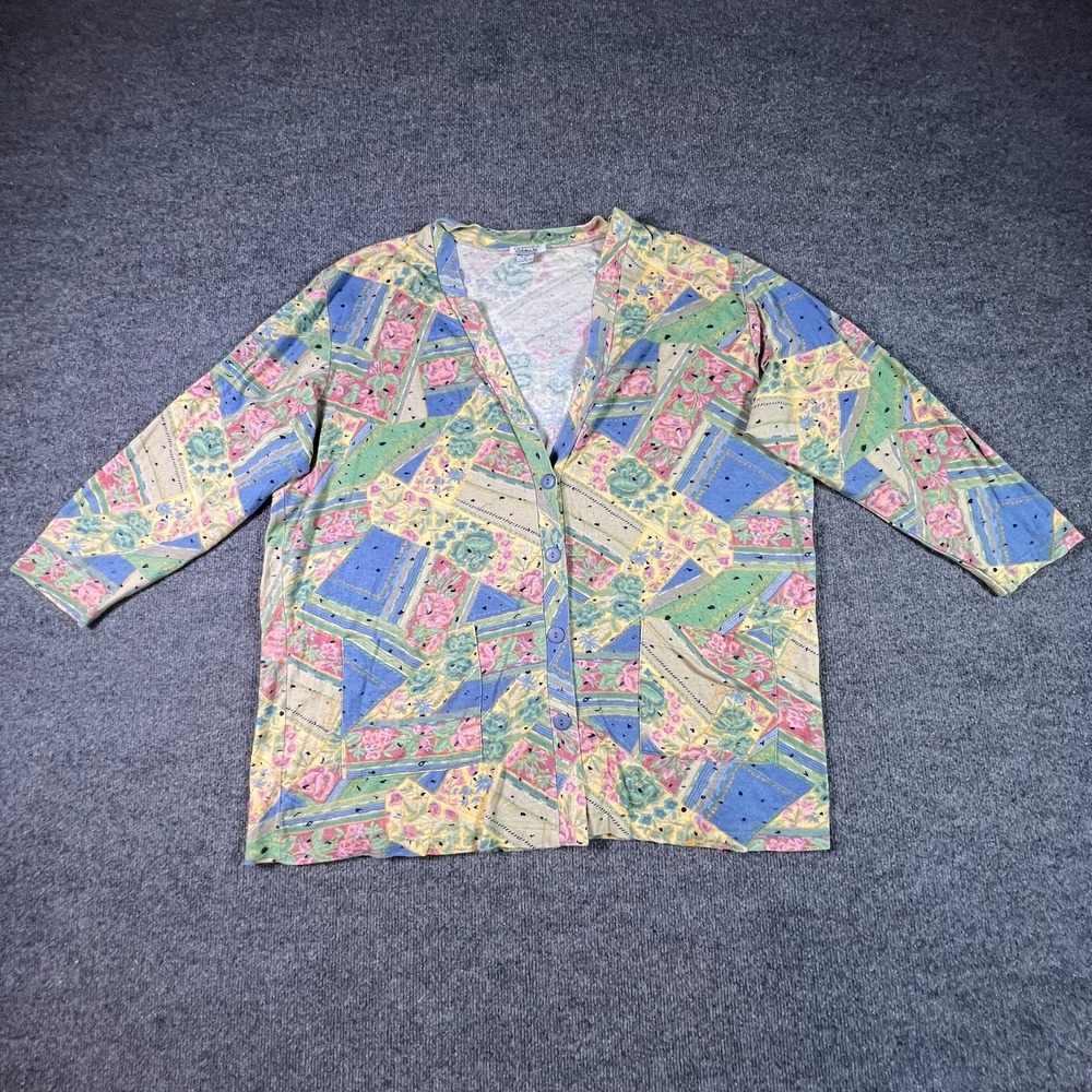 Vintage Fashion Formulas Cardigan Sweater Womens 1X Blue Pastel Patchwork USA